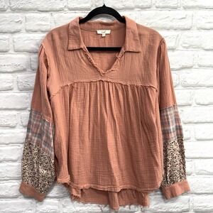 Easel Boho Peasant Blouse Women's M Peach Embroidered Long Sleeves Flower Patch